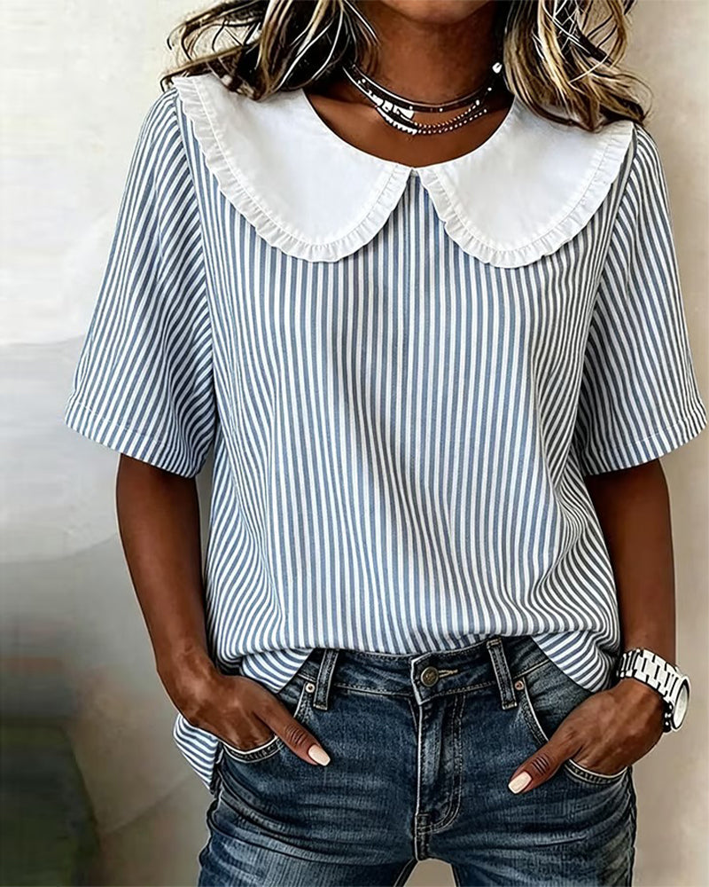 Blouse Rayée Col Peter Pan Manche Courte