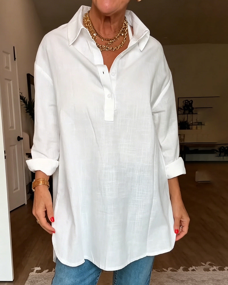 Blouse Col En V Bouton Unie Lâche