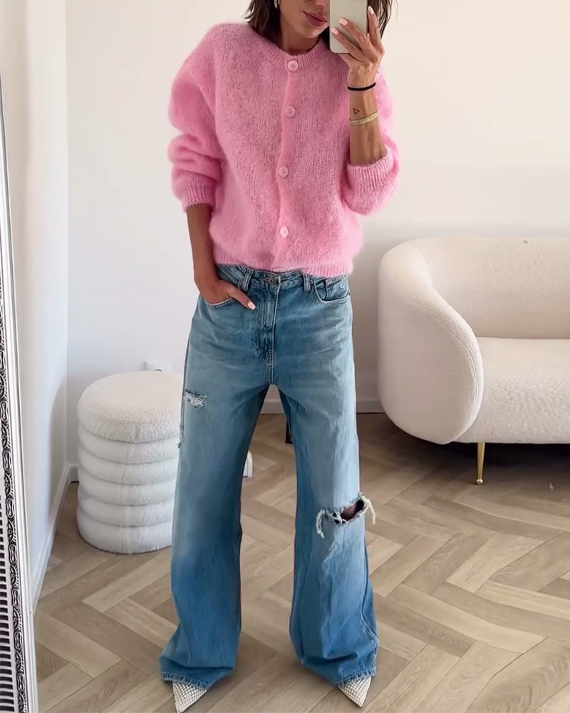 Cardigan Col Rond En Peluche Manches Longues