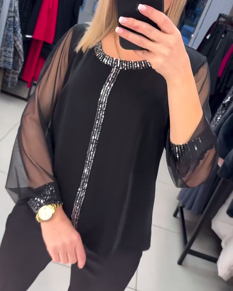 Blouse Avec Panneau De Sequins Et Manches Longues