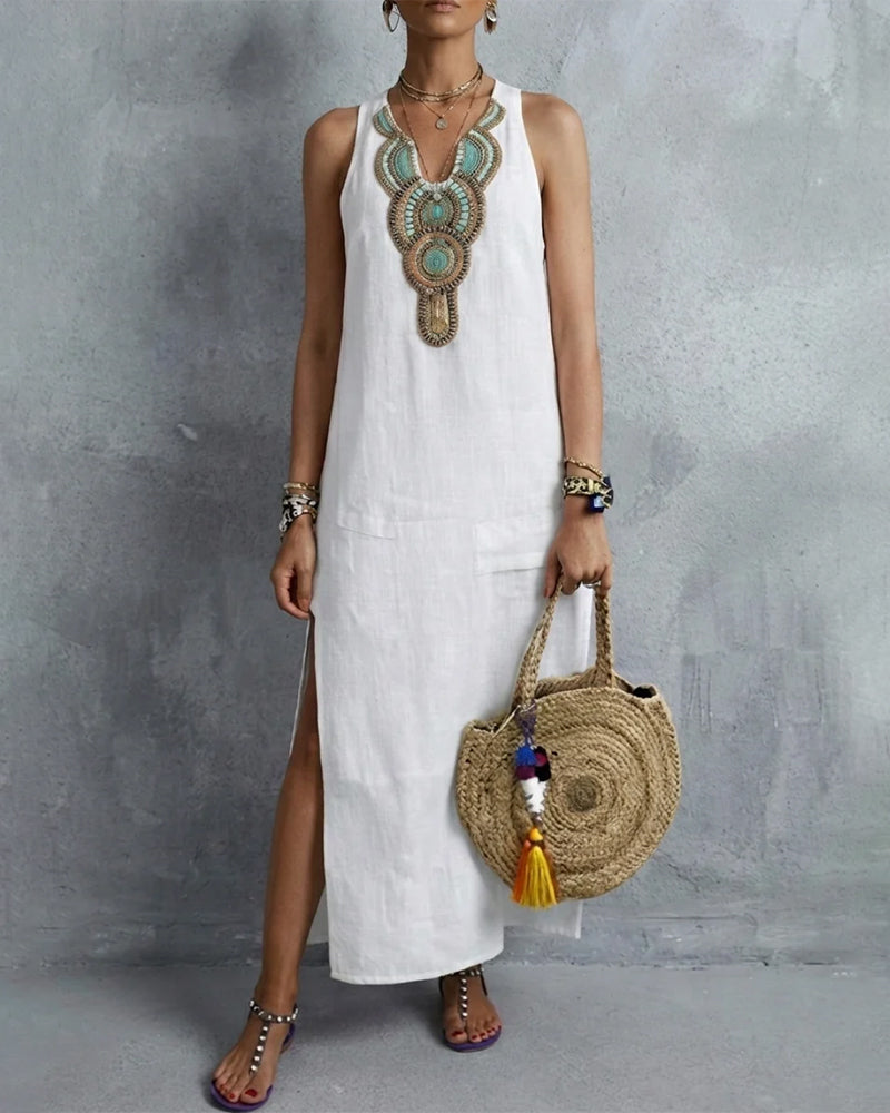 Robe Sans Manches Col En V Bohémienne Longue