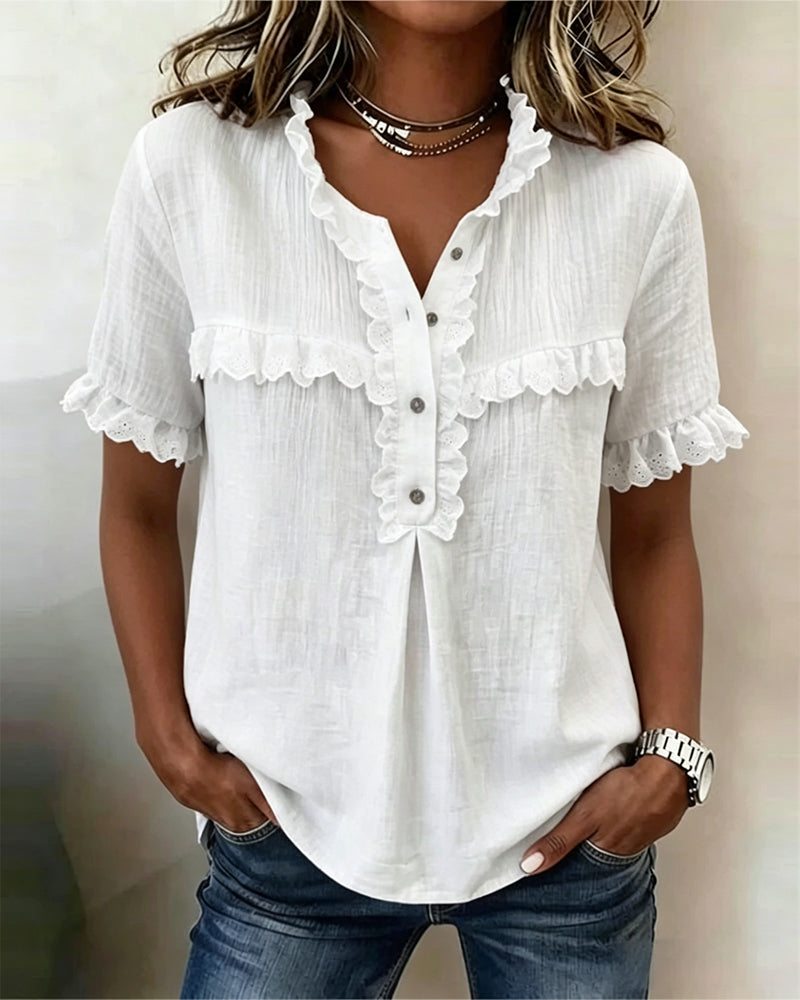 Blouse Col V Demi-Patte De Boutonnage