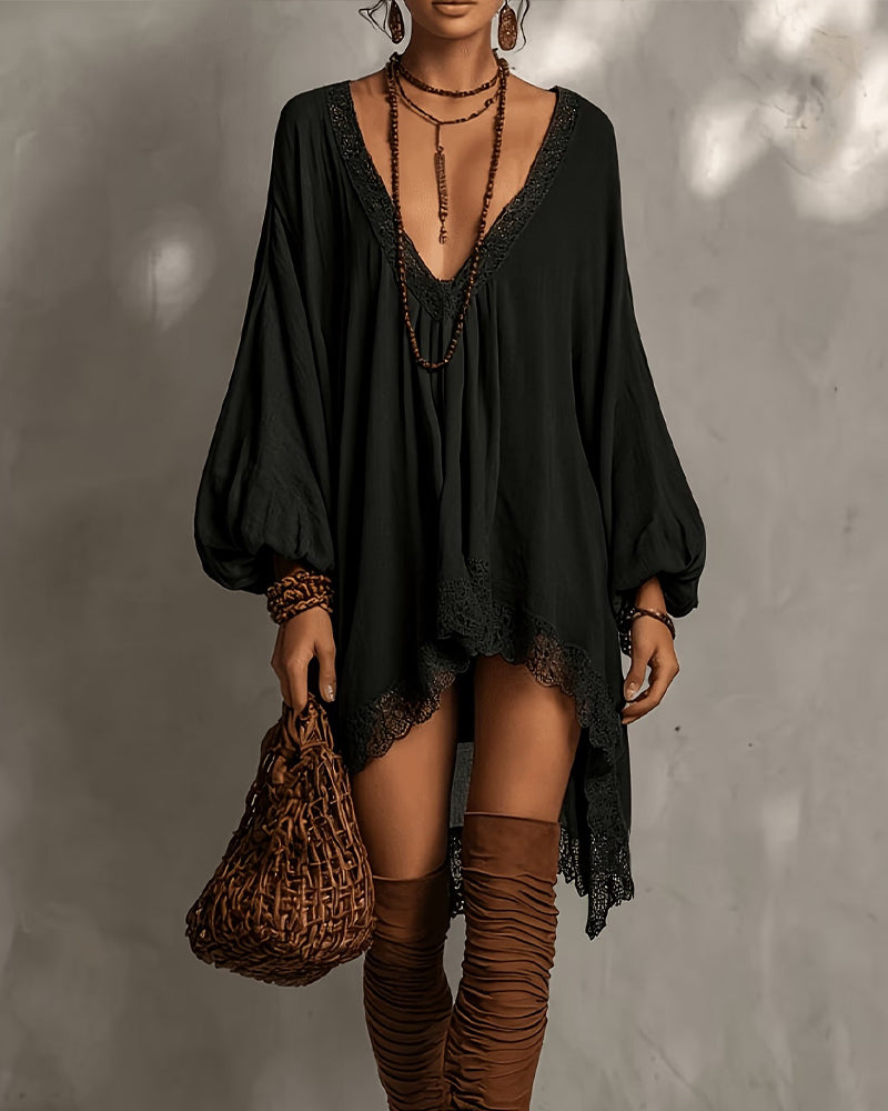 Robe Col V Dentelle Asymétrique