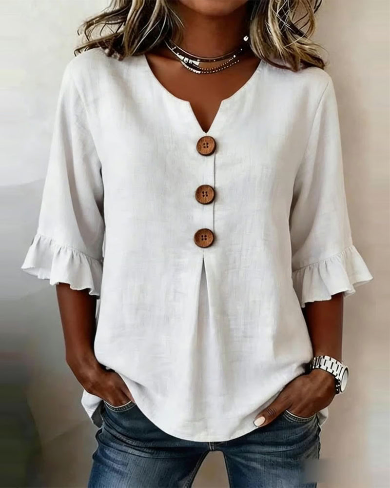 Blouses Unies Coton-Lin Boutons En Bois Volants