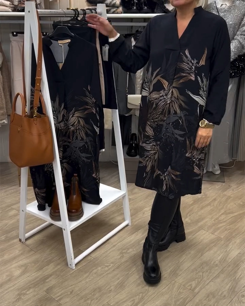 Robe Col V Imprimé Feuilles Manches Longues