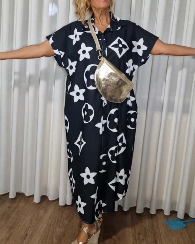 Robe décontractée avec boutons à revers et imprimé contrasté