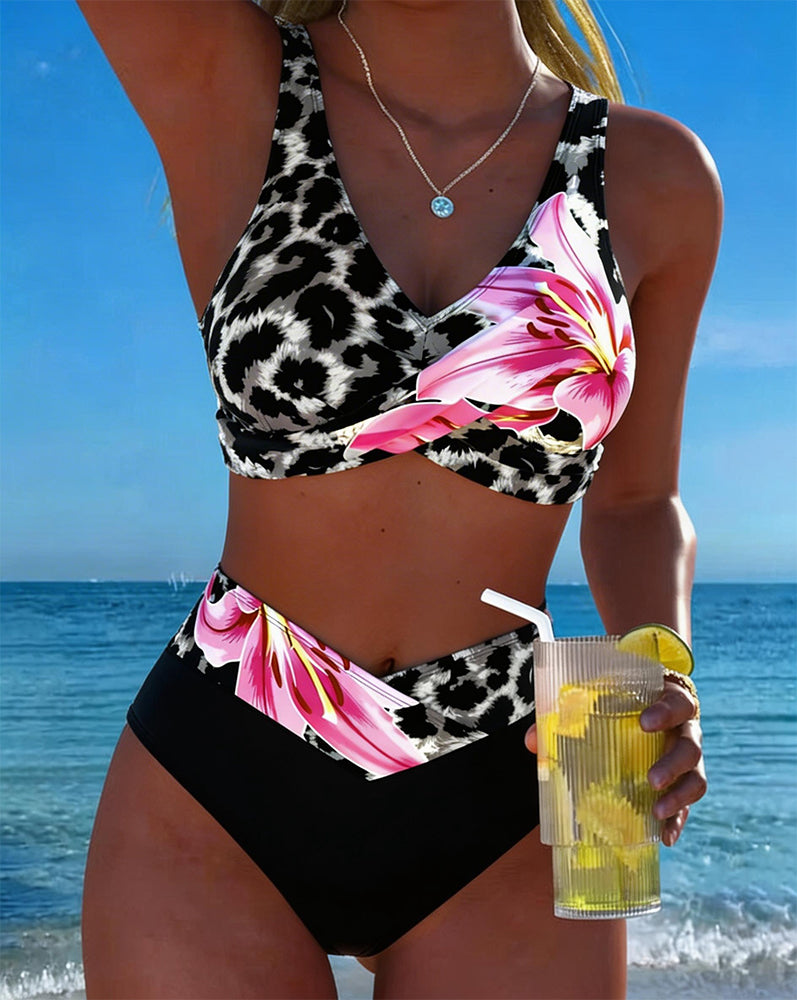 Bikini Léopard Imprimé Floral Contraste Couleur