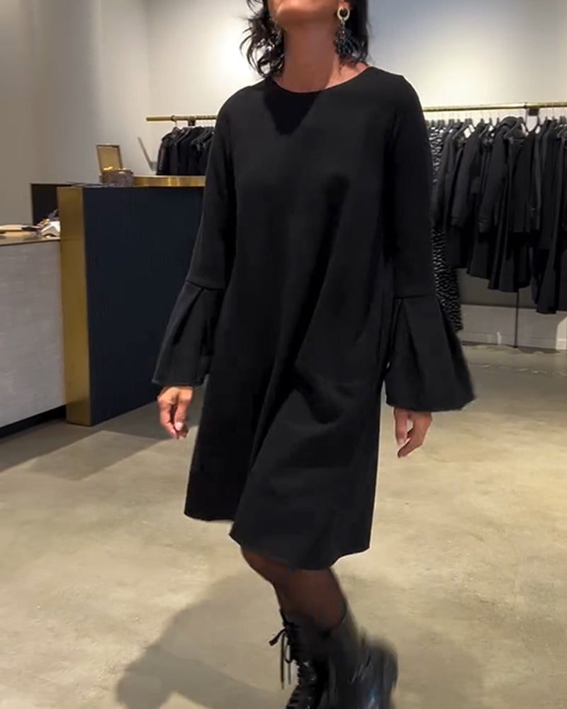 Robe Uni Manche Évasée Froncé