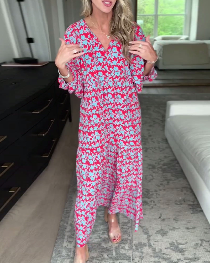 Robe fleurie à col en V et manches lanternes