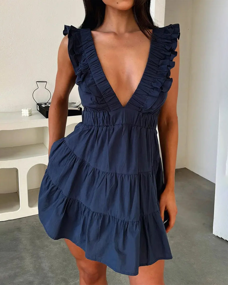 Robe Deep V Volant Sans Manches