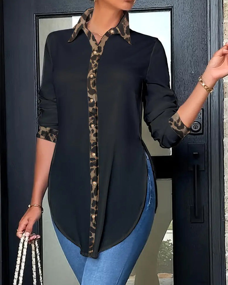 Blouse Imprimé Léopard Contraste Fente Haute