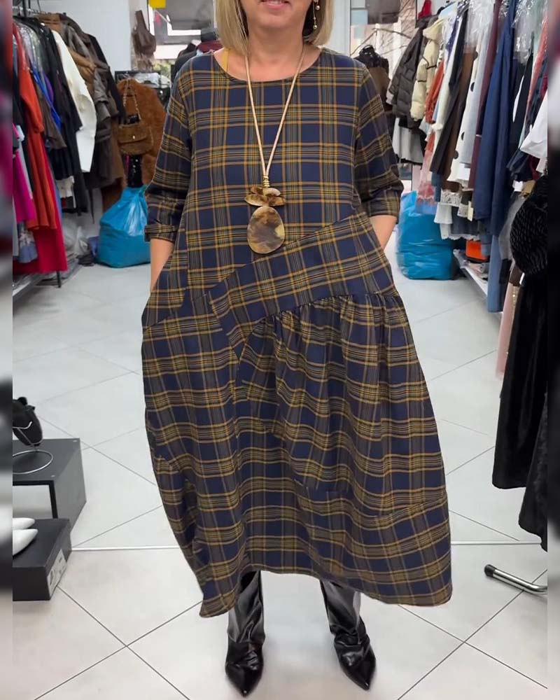 Robe À Carreaux Imprimée À Col Rond