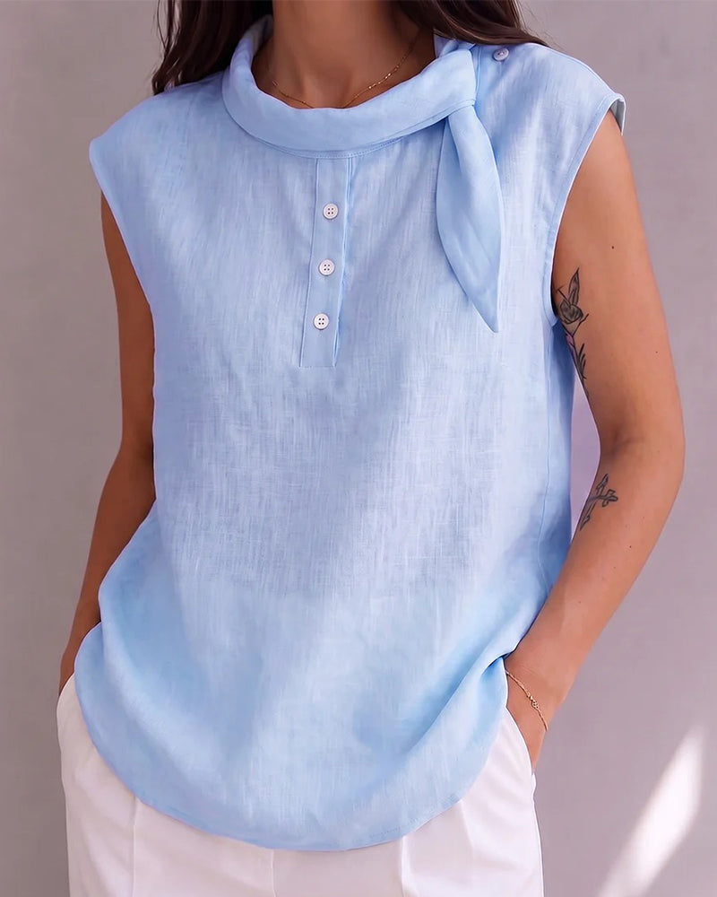Blouse Nœud Bouton Sans Manches