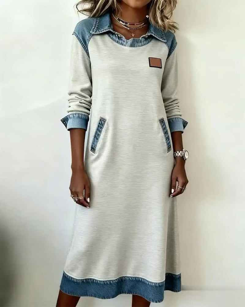 Robe Décontractée À Revers En Patchwork De Denim