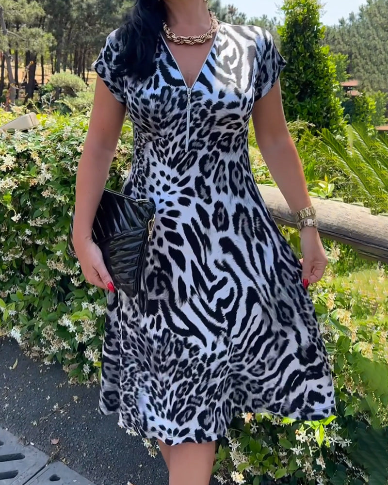 Robe Col V Fermeture Éclair Imprimé Léopard