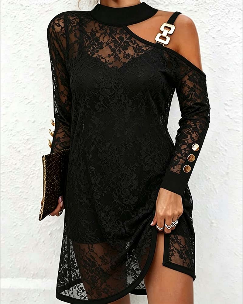 Robe Transparent Dentelle Une-Épaule