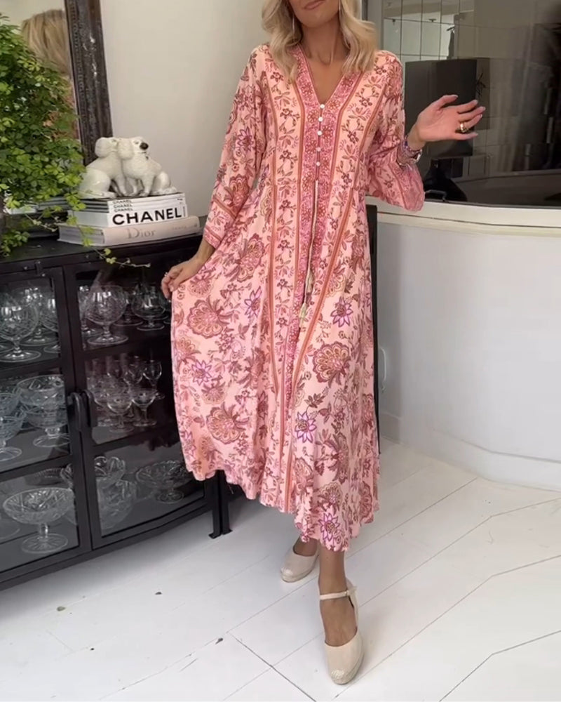 Robe élégante imprimée à col en V avec cordon de serrage et boutons