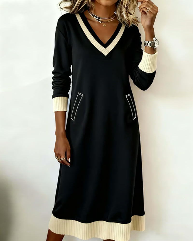 Robe Manches Longues Col En V Contrasté Tricot