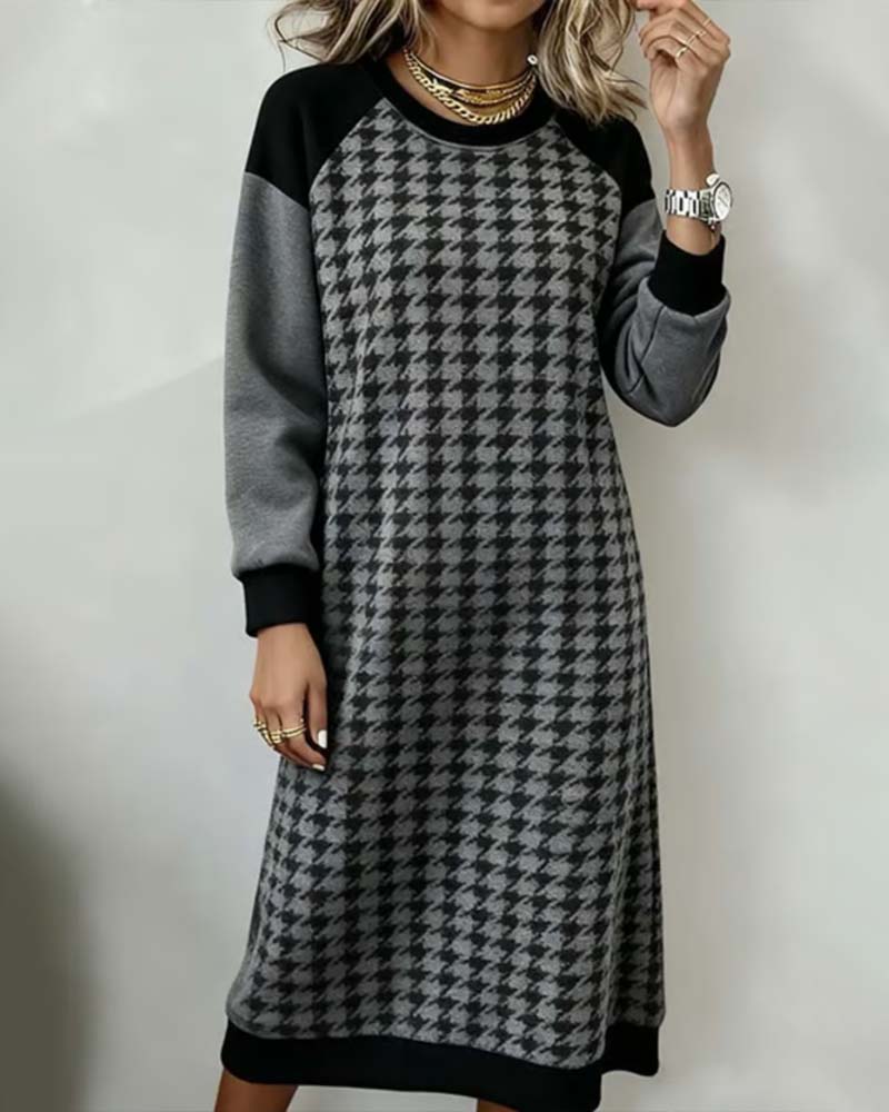 Robe Col Rond Pied-De-Poule Color-Block