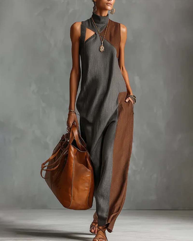Robe Col Haut Asymétrique Patchwork Sans Manches