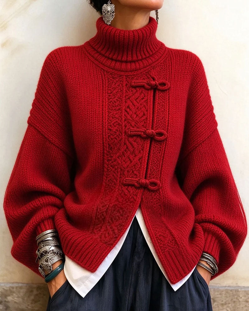 Pullover Vintage Nœud Bouton Col Roulé Mode