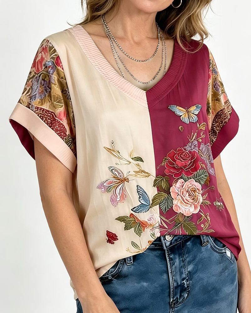 Blouse Col V Asymétrique Patchwork Floral