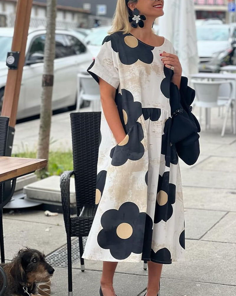 Robe ample à imprimé floral et poche à col rond