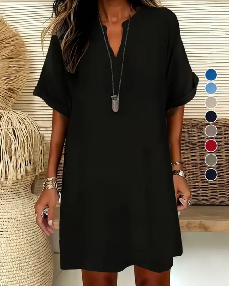 Robe Col En V Manches Courtes Unie Fourreau