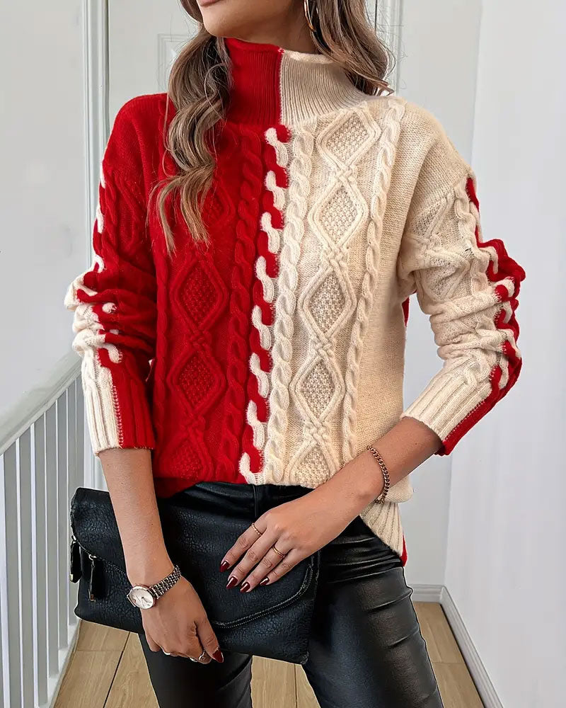 Pull à Col Roulé à Motif Torsadé Contrasté