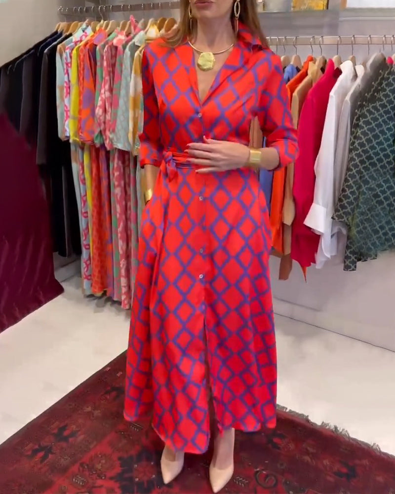 Robe chemise col V manches 3/4