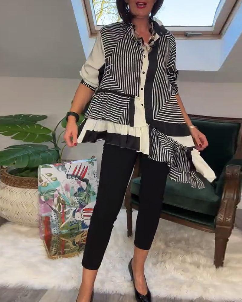 Chemise patchwork irrégulière à boutons imprimés à la mode