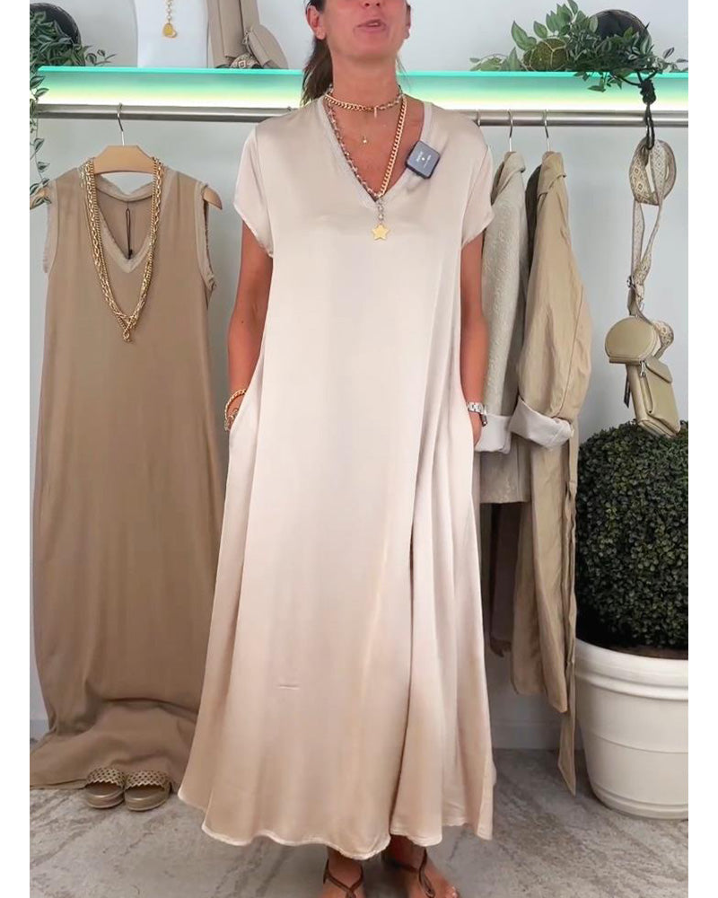 Robe décontractée de couleur unie avec poche et col en V
