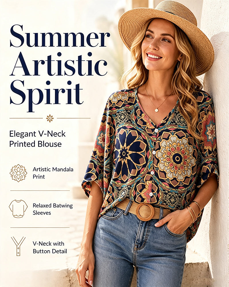 Blouse à demi-manches boutons avec col en V et imprimé rétro
