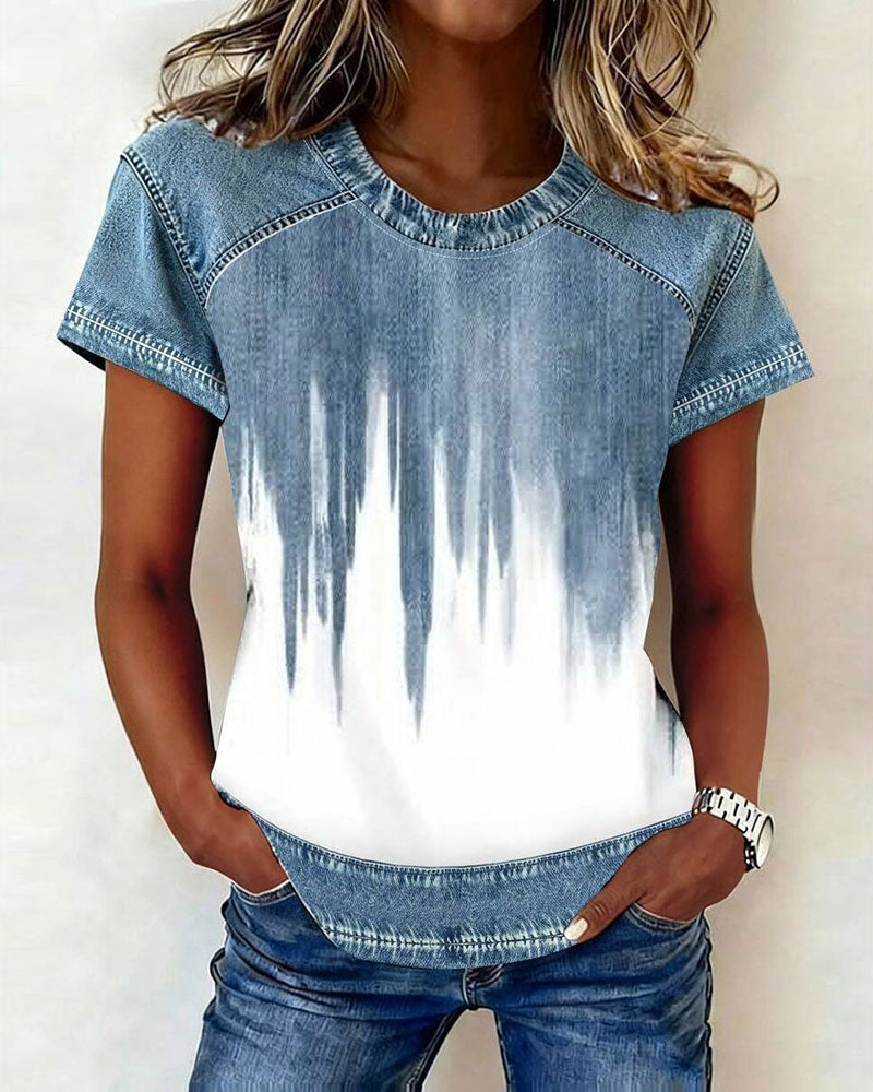 T-Shirt Denim Patchwork Tie-Dye Manche Courte