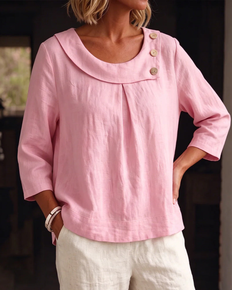 Blouse Ourlet Roulé Col Rond Bouton Lâche