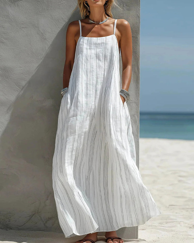 Robe Col Carré Rayure Fine Bretelle Camisole Maxi