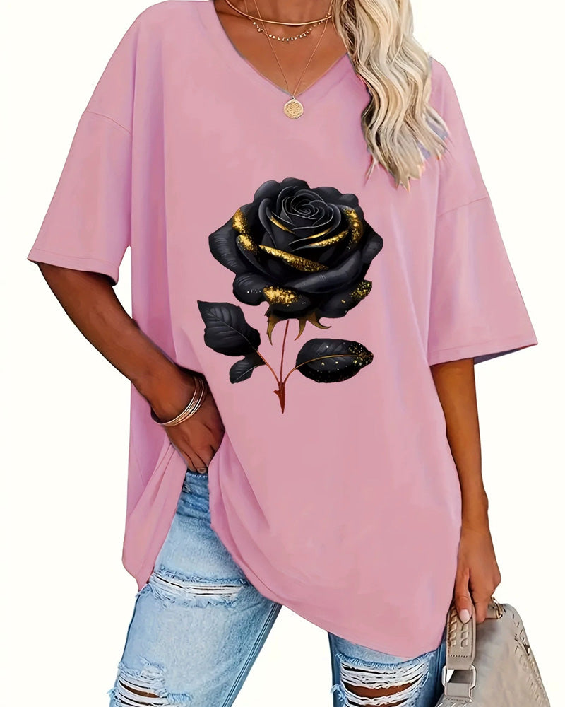 T-Shirt Imprimé Rose Coupe Ample Demi-Manches