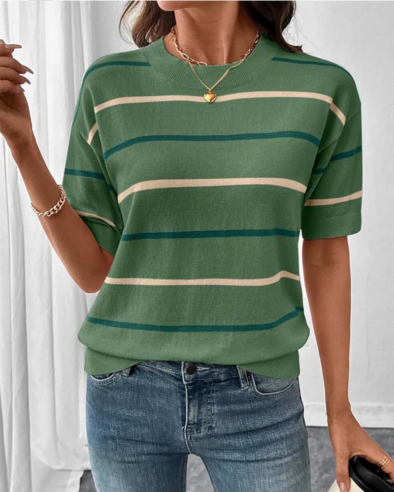 Pull-Over Rayé Contraste De Couleur Manches Courtes Tissé