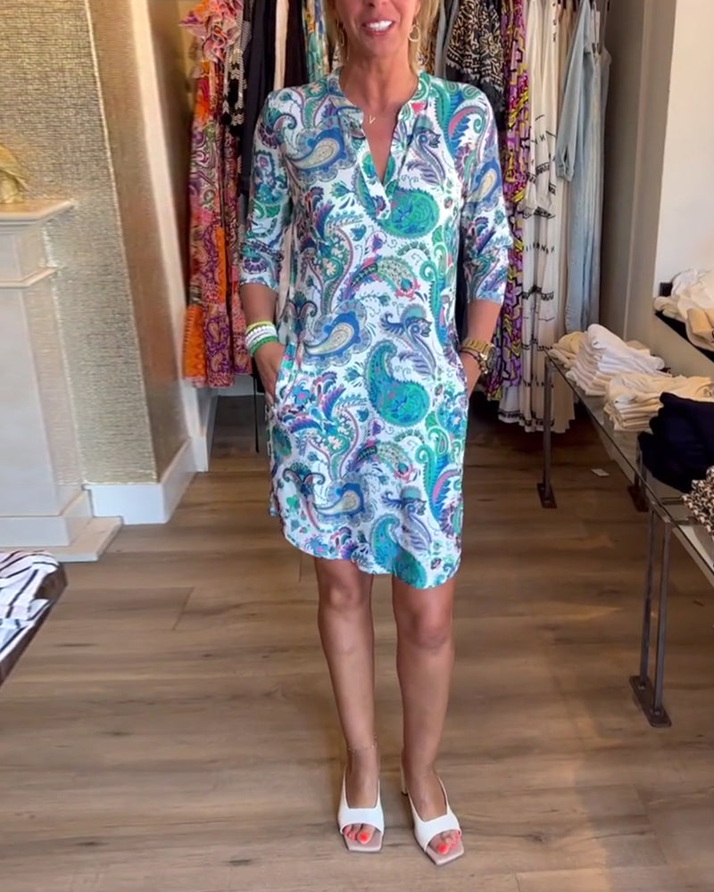 Robe à poche et col en V imprimé cachemire