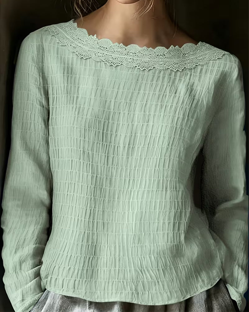 Blouse Col Rond Froncé Dentelle Panneau Unie
