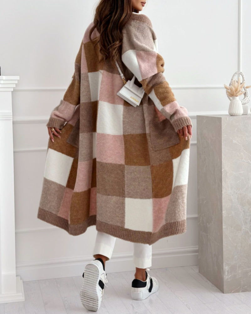 Cardigan ample décontracté à carreaux contrastés avec poche