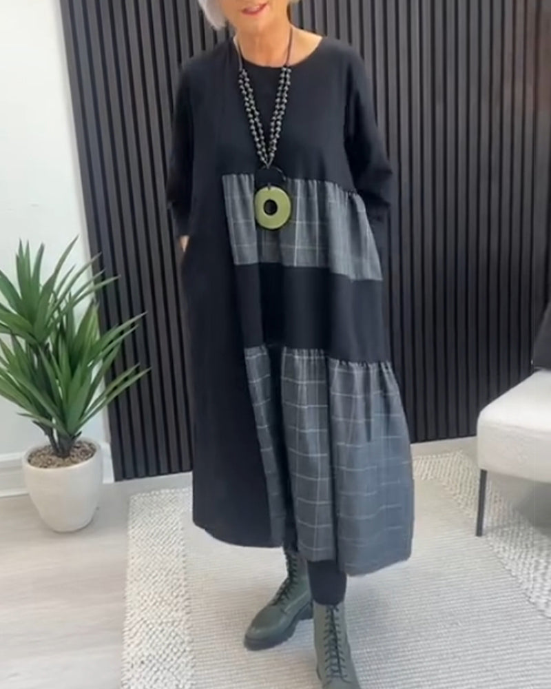 Robe décontractée à carreaux patchwork avec poche