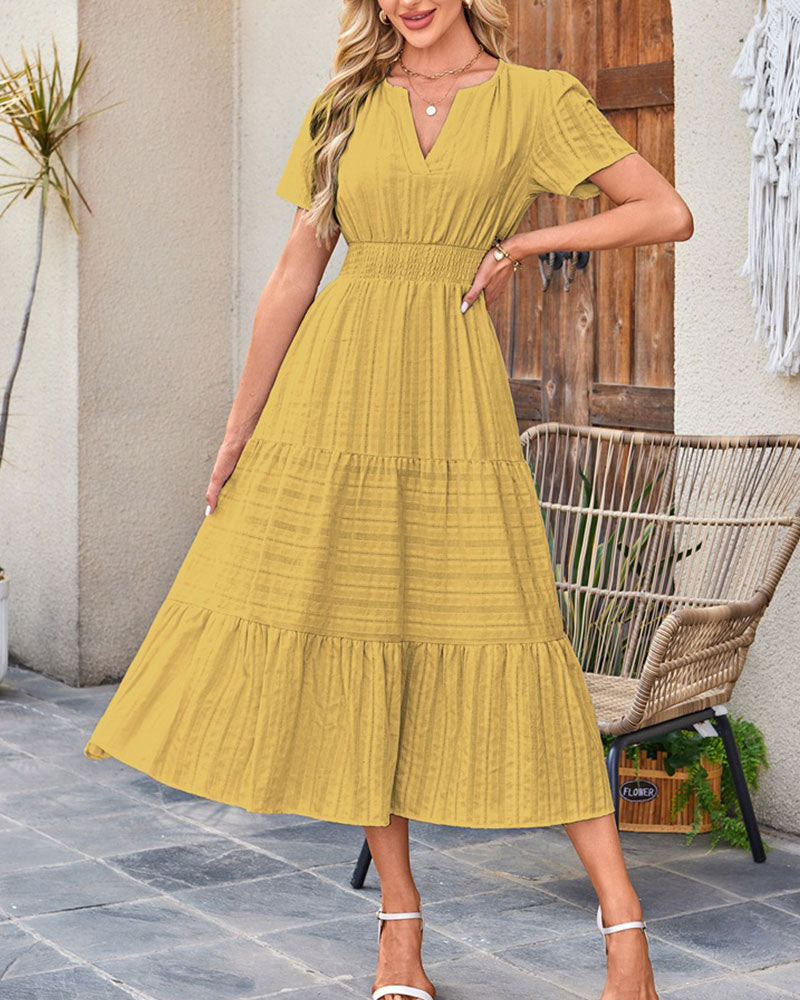 Robe Col En V Froncé Manche Bouffante Manches Courtes