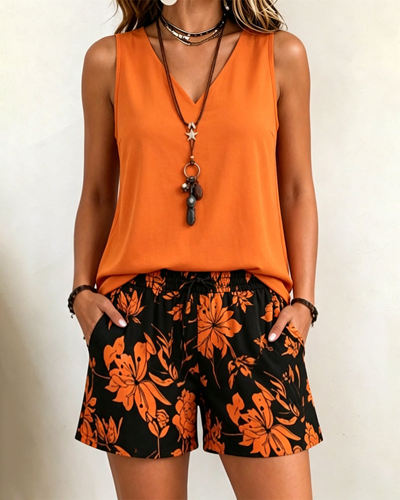 Ensembles Col V Sans Manches Haut Et Imprimé Shorts