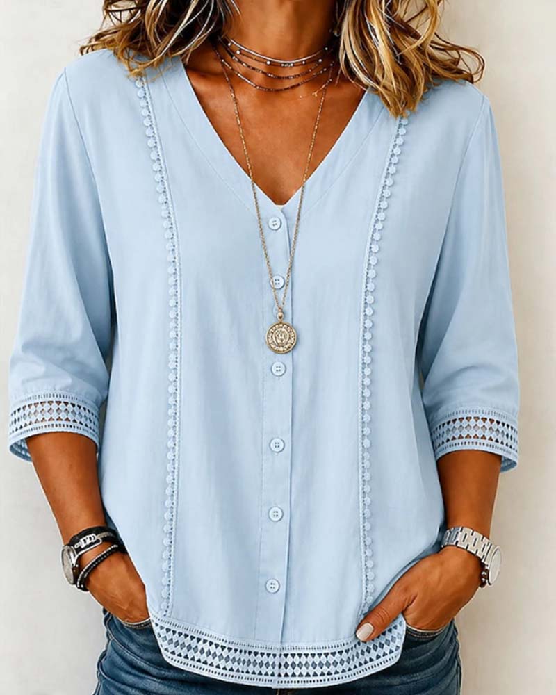 Blouse Col En V Bouton Dentelle Ajourée Unie