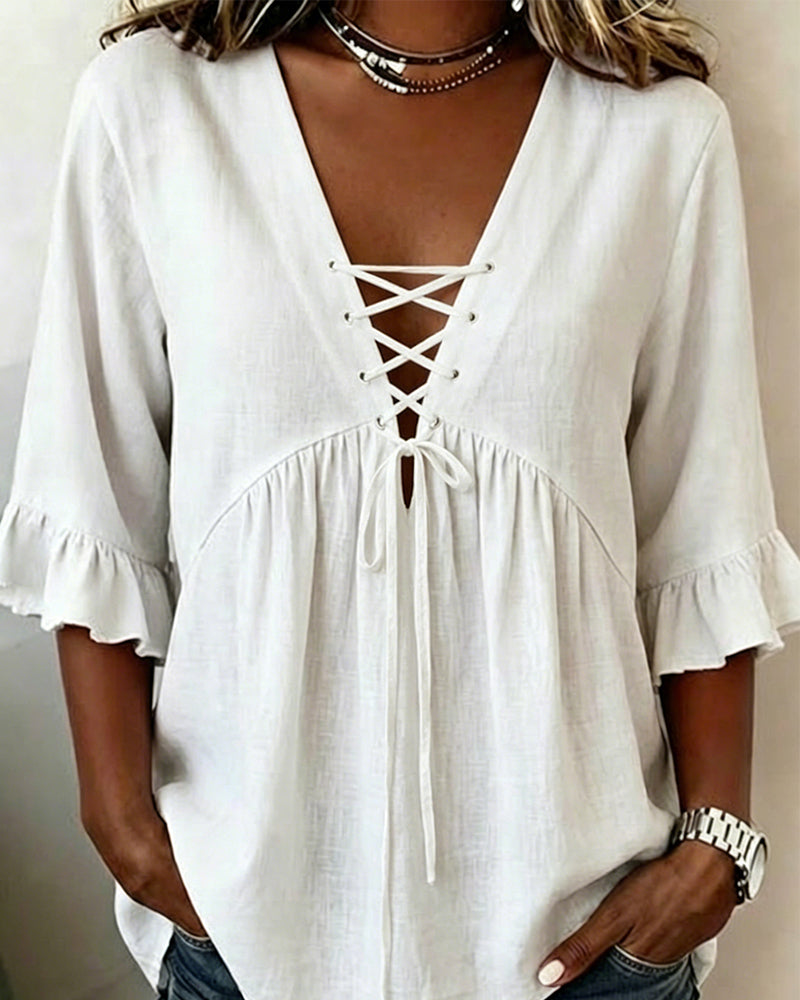 Blouse Unie Col V Volantée