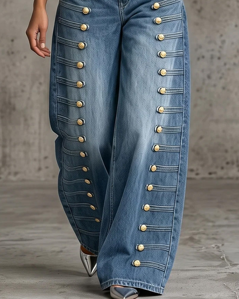 Pantalon Bouton Poche Coupe Large Denim Long