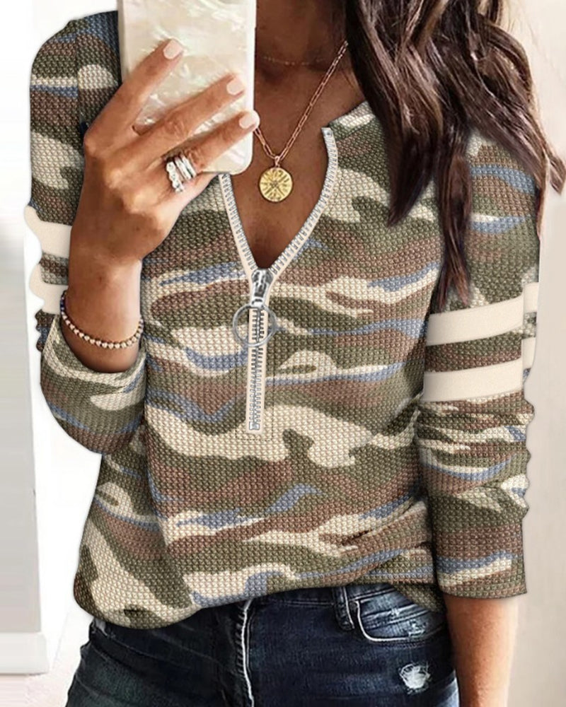 Haut Demi Zip Camouflage Manches Longues