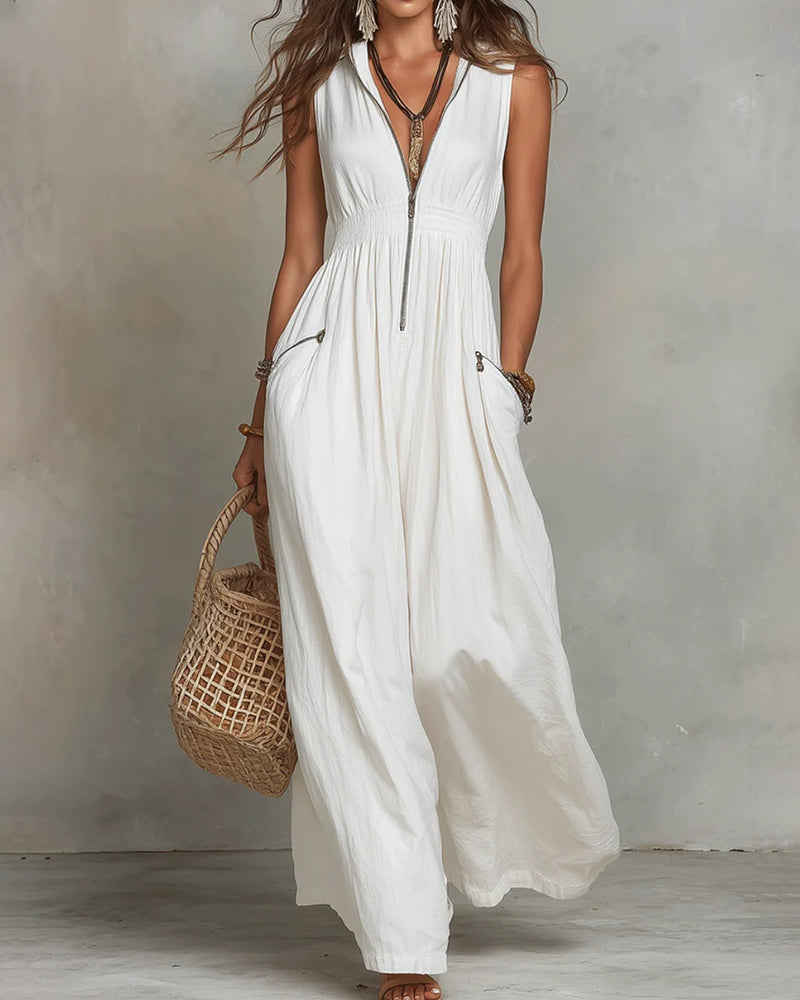 Robe Revers Sans Manches Fermeture Éclair Longue