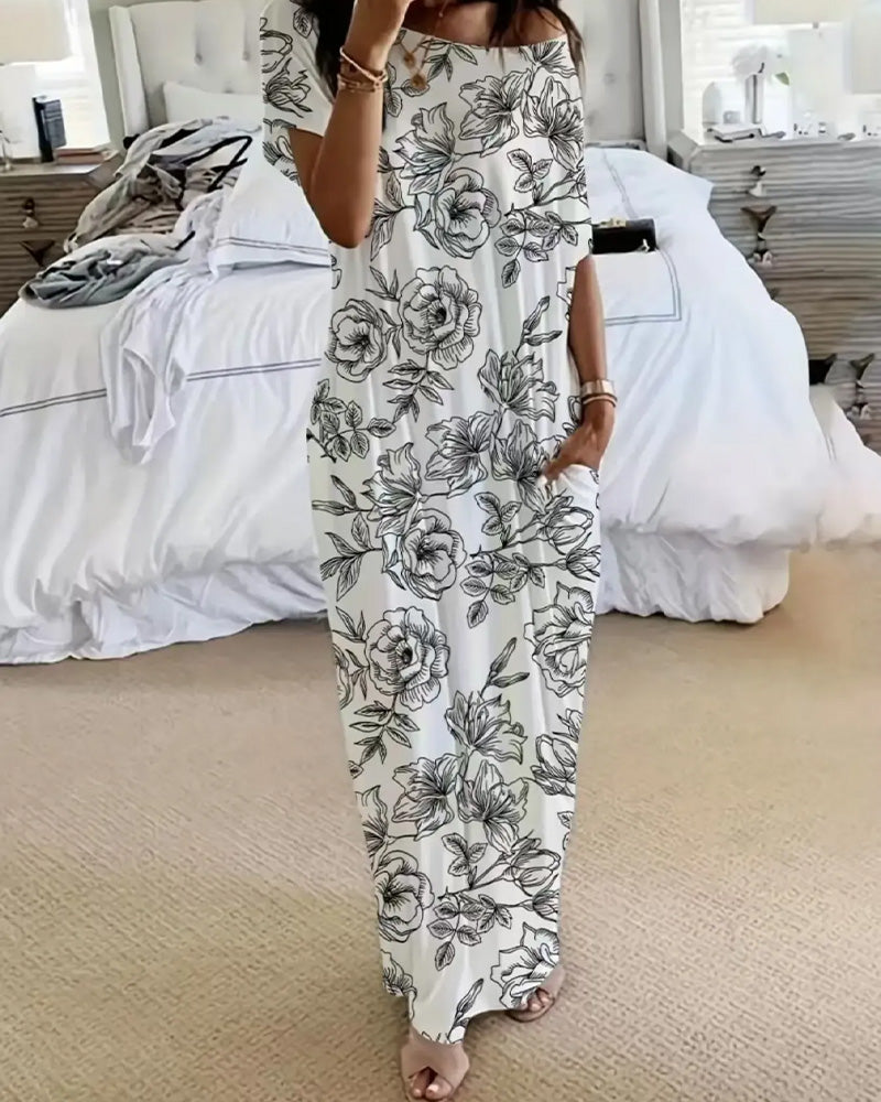Robe Hors-Épaule Floral Poche Jupe-Pleine